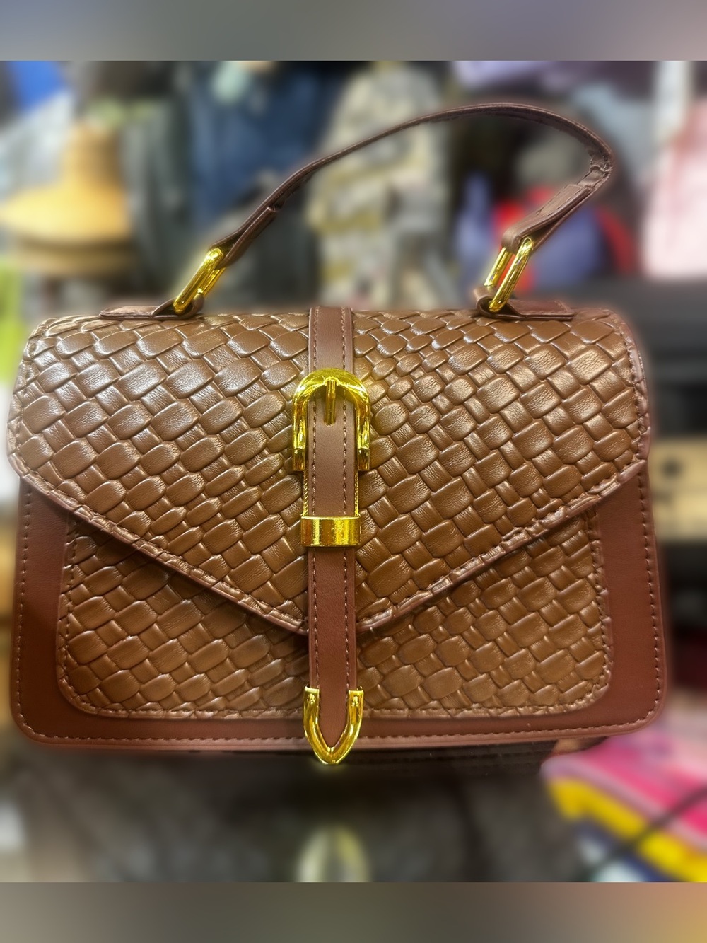 Structured Woven Top-Handle Bag in Brown with Gold Hardware